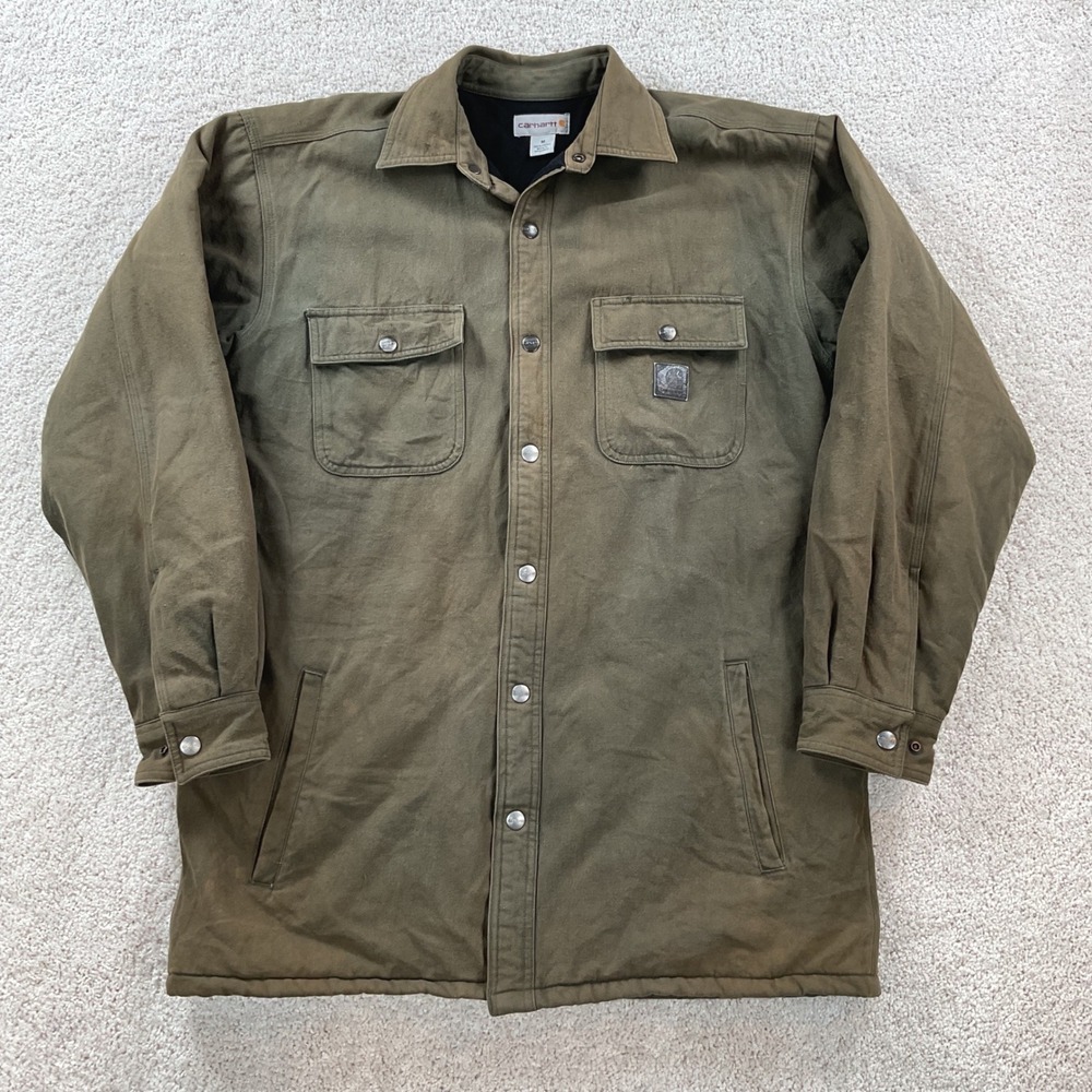 Carhartt Men's Moss Green Fleece Lined Snap Chore Shirt Jacket Distressed